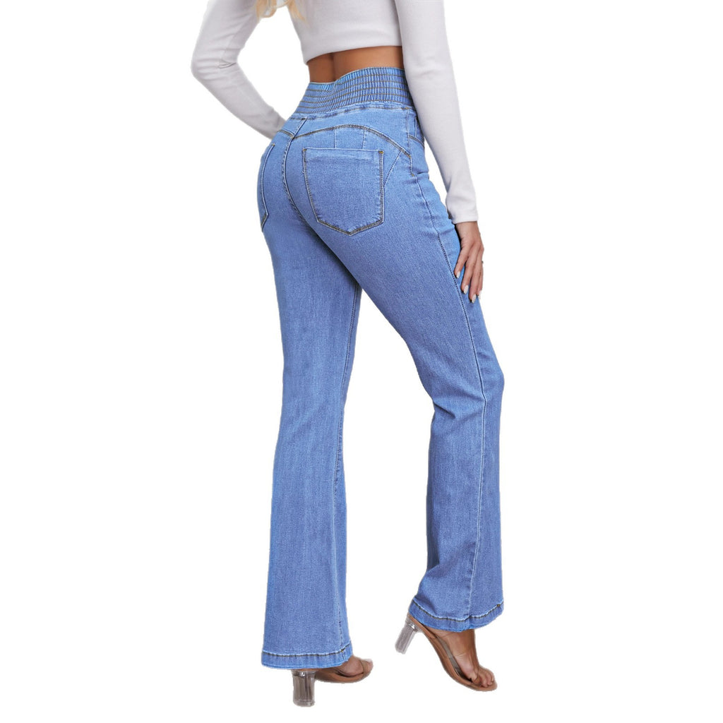 Elastic Waisted High-waist Stretch Slim-fit Boot-lift Denim Trousers