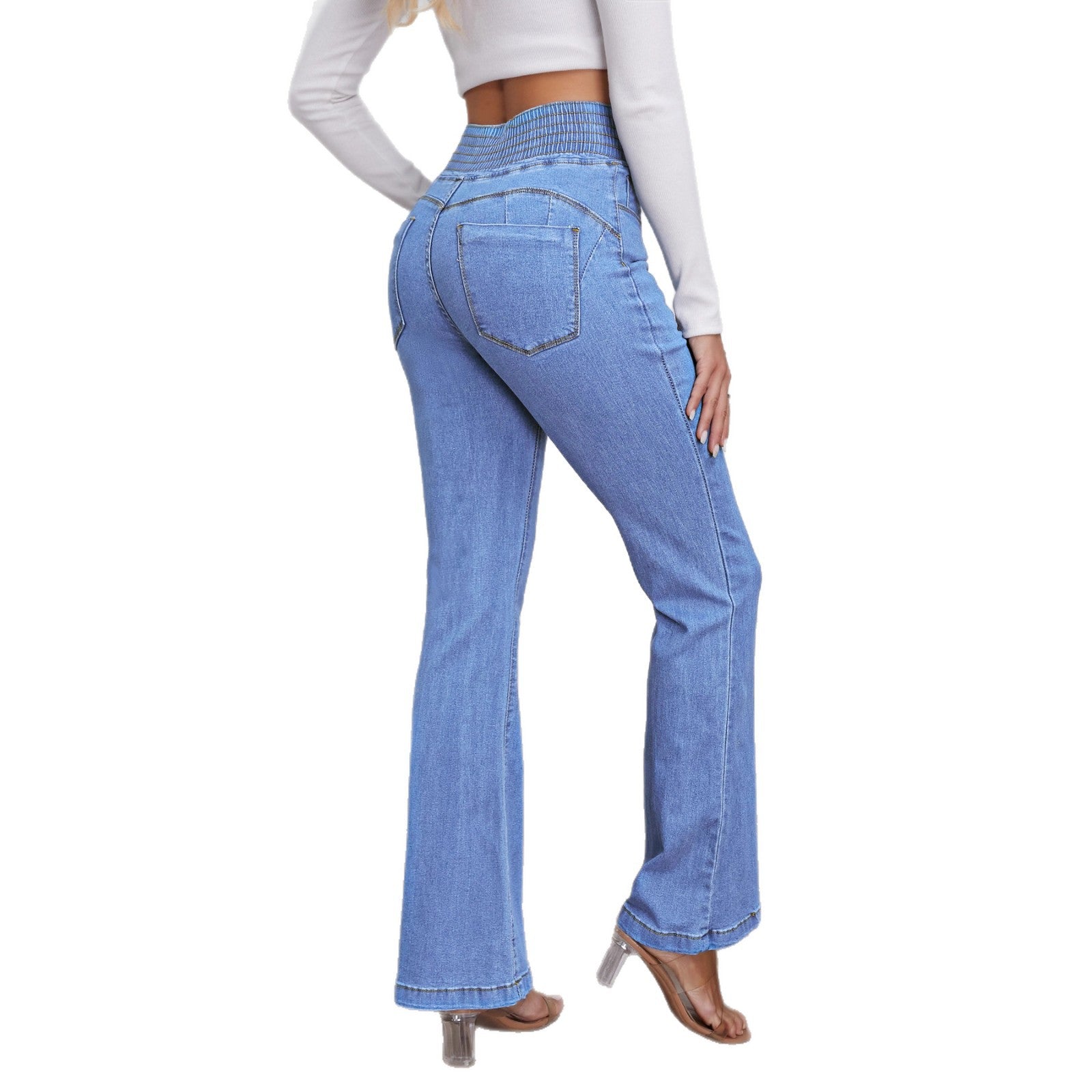Elastic Waisted High-waist Stretch Slim-fit Boot-lift Denim Trousers