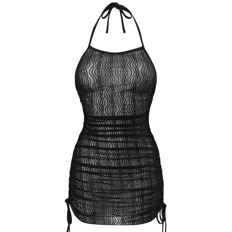 Womens Summer Beach Sundress In Solid Color With Spaghetti Straps And Mesh Fabric