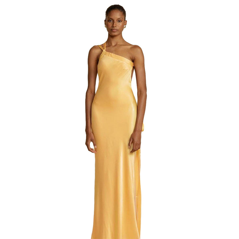 Sleeveless Diagonal Collar Hollow Backless High Waist Slim-fit Jumpsuit Long Dress