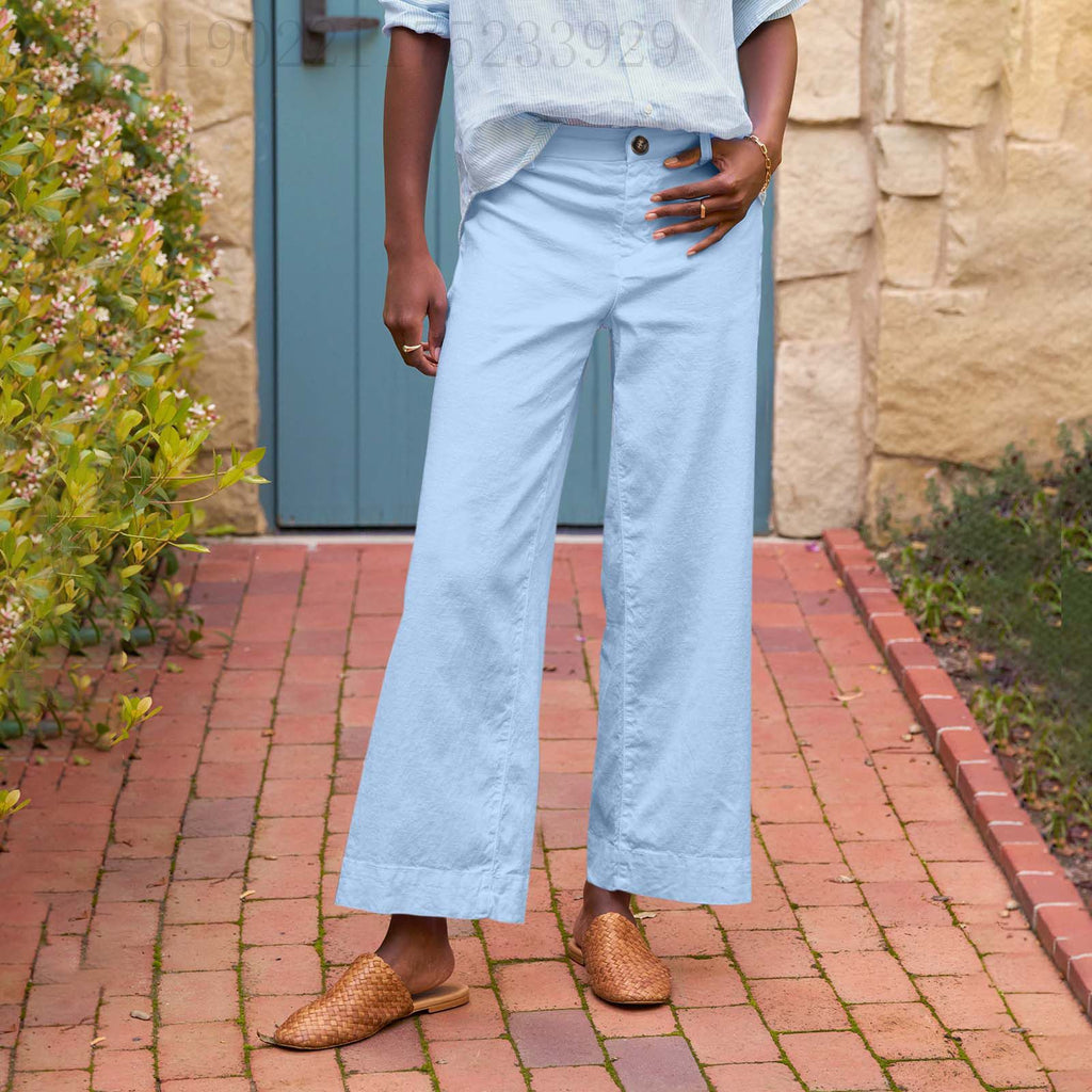 European And American Style High-Waisted Solid Color Cropped Flared Loose Wide-Leg Womens Trousers With Buttons