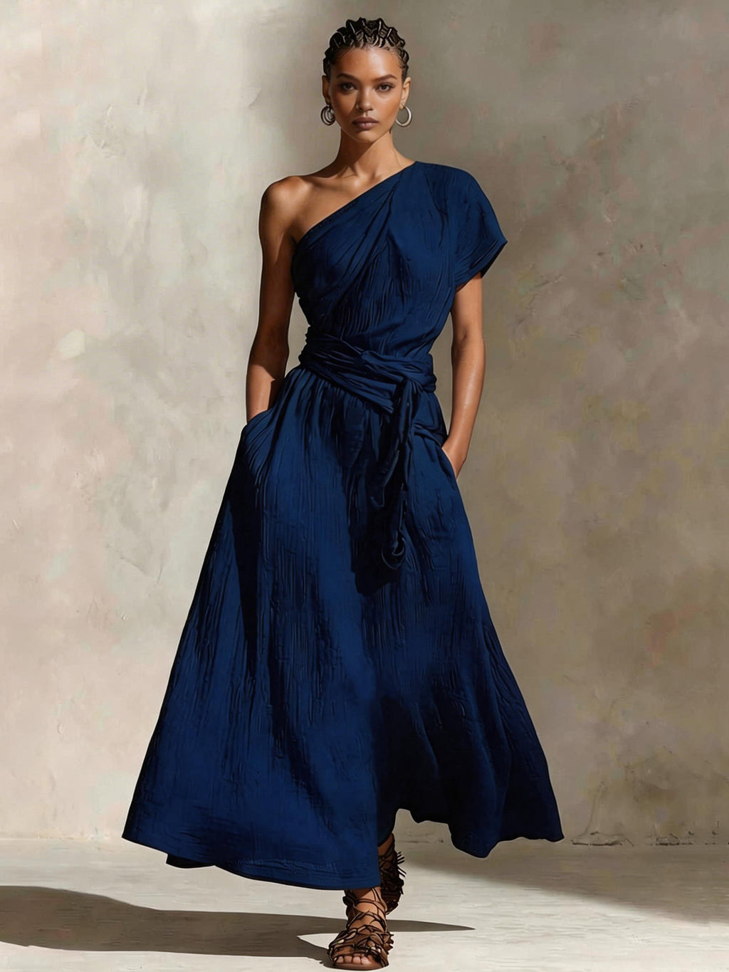 Womens Long One-Shoulder Dress With Neckline And Waist Tie