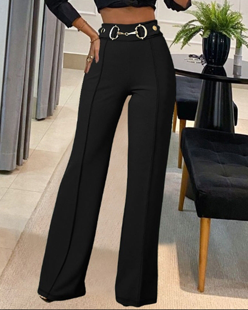 Solid-color High-waisted Womens Casual Straight-leg Pants