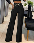 Solid-color High-waisted Womens Casual Straight-leg Pants