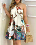 Tropical Print Off-Shoulder Halter Dress