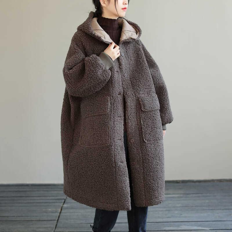 Plus Size Lamb Wool Hooded Coat