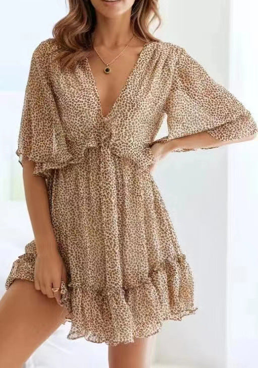 Fashionable Printed V-Neck Ruffle Womens Dress
