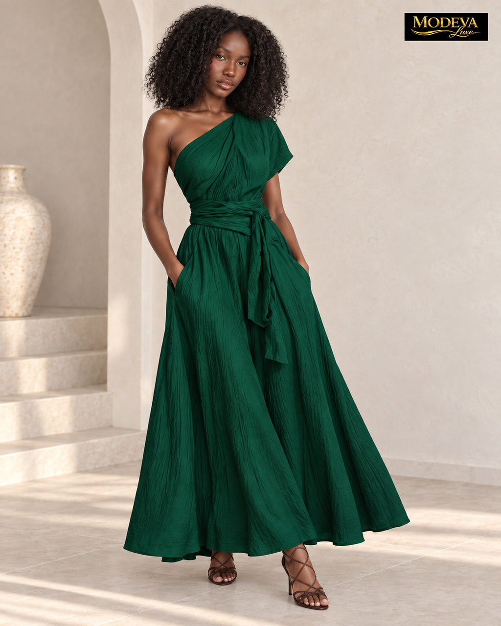 Womens Long One-Shoulder Dress With Neckline And Waist Tie