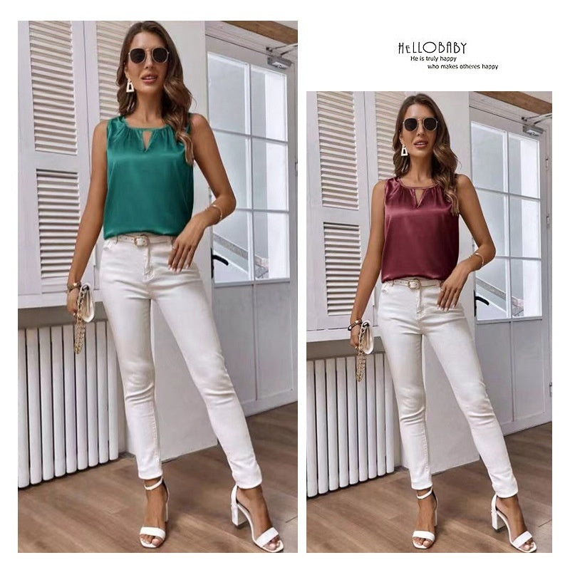 Ruched Satin Sleeveless Top With Cutout Details