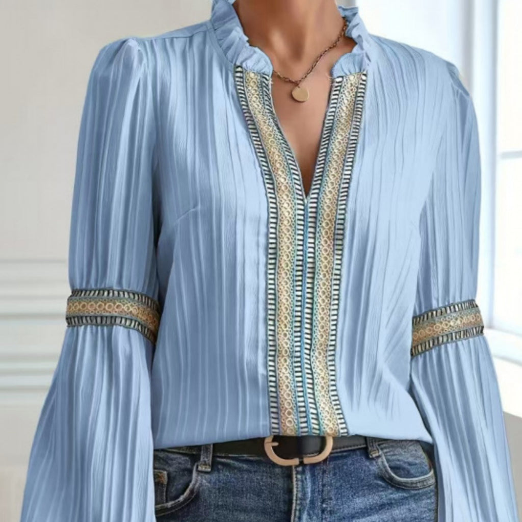 Womens Solid-Color Crochet-Trimmed Patchwork Loose Lantern-Sleeve Shirt
