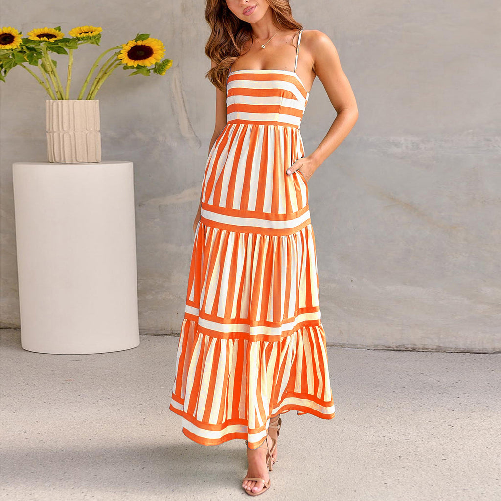 Striped Square Neck Maxi Dress with Pockets