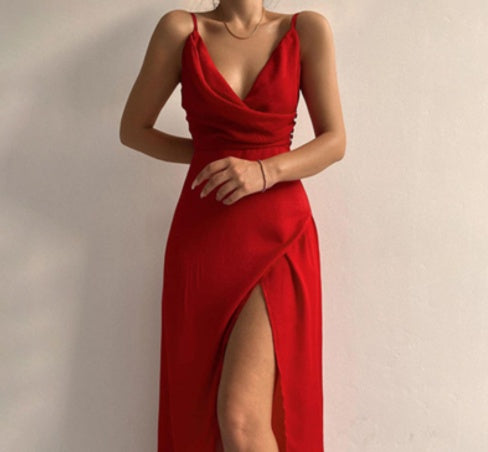 V-Neck Slit Slip Dress
