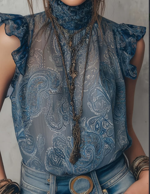 Blue Paisley Ruffled Collar Sleeveless Chiffon Top