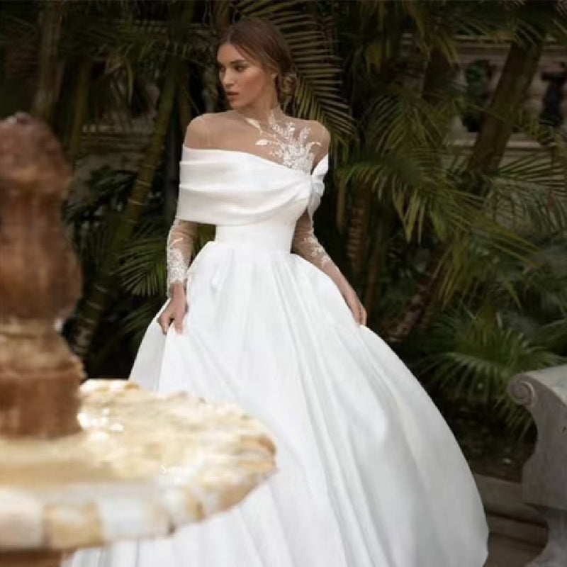 Long-Sleeve Satin Tulle Wedding Dress