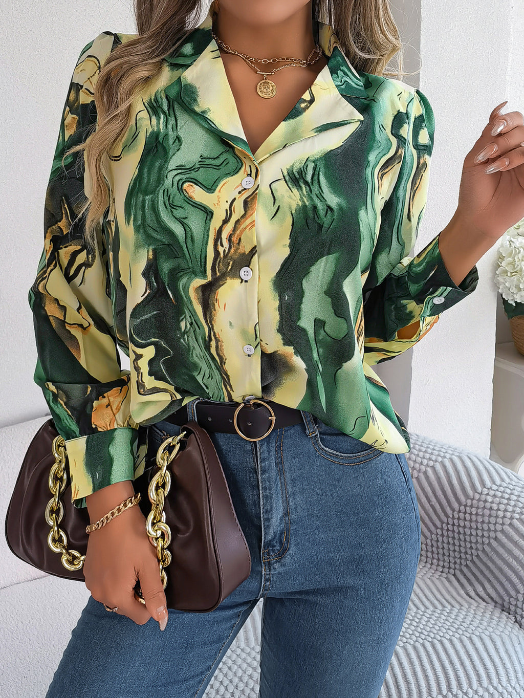Women's Casual Color Block Stripe Notched Lapel Long Sleeve Shirt