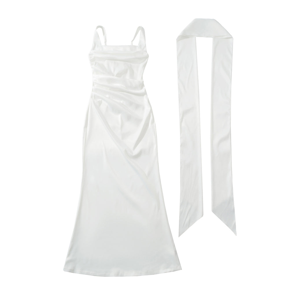 Square Neckline Collarbone-baring Strapless Figure-hugging Pleated Waist-cinching Sheath Skirt