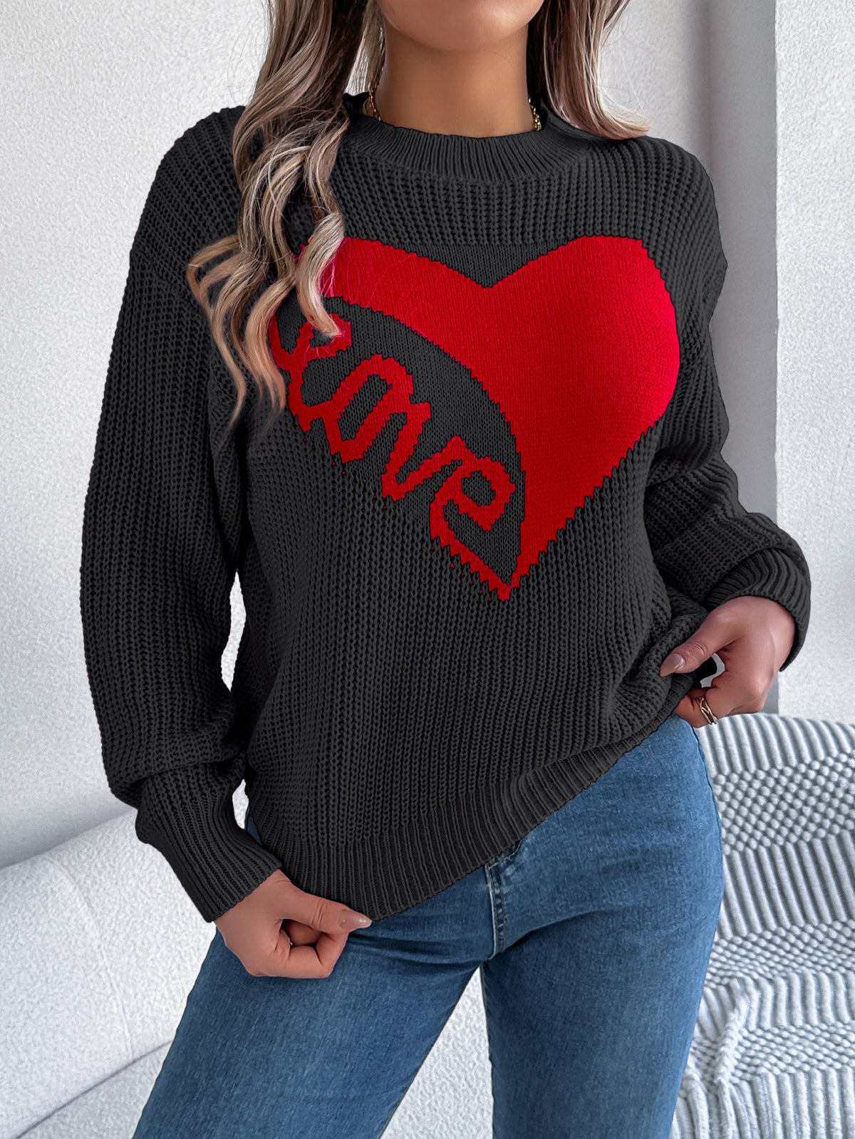 Heart Print Knit Sweater