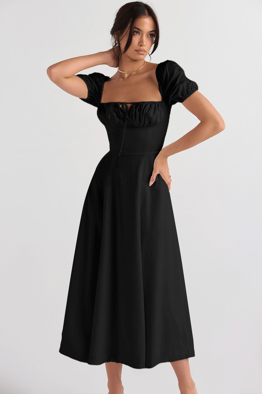 Womens Slimming Elegant Puff-Sleeve Lace-Up Short-Sleeve Dress