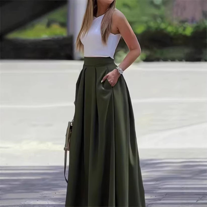 High-Waisted Solid Midi Skirt