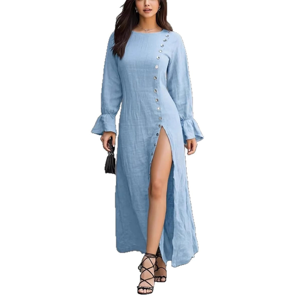 Womens Long-Sleeve Casual Cotton-Linen Slit Dress With Buttons