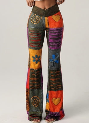 Color-blocked Printed Flared Trousers