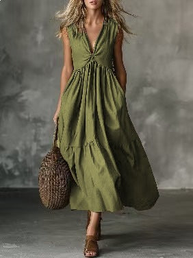 Solid-color Sleeveless V-neck Dress