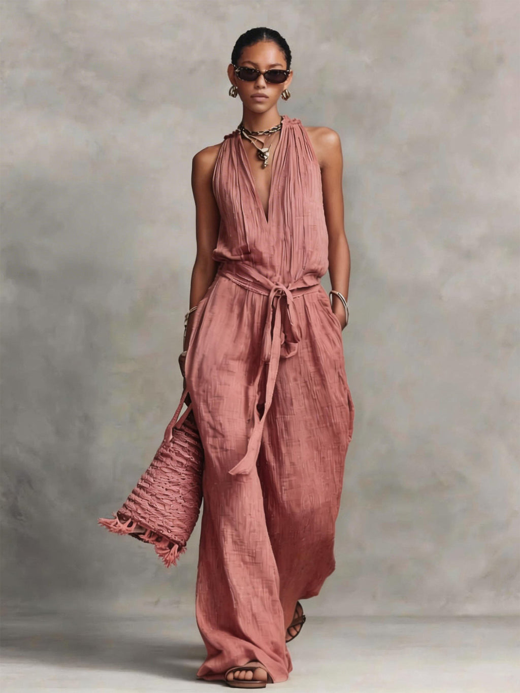 Casual Lace-up Sleeveless Cotton-blend Jumpsuit