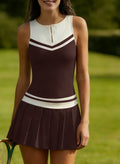 American-style Campus-inspired Color-blocked Zippered Pleated Tennis Dress For Women