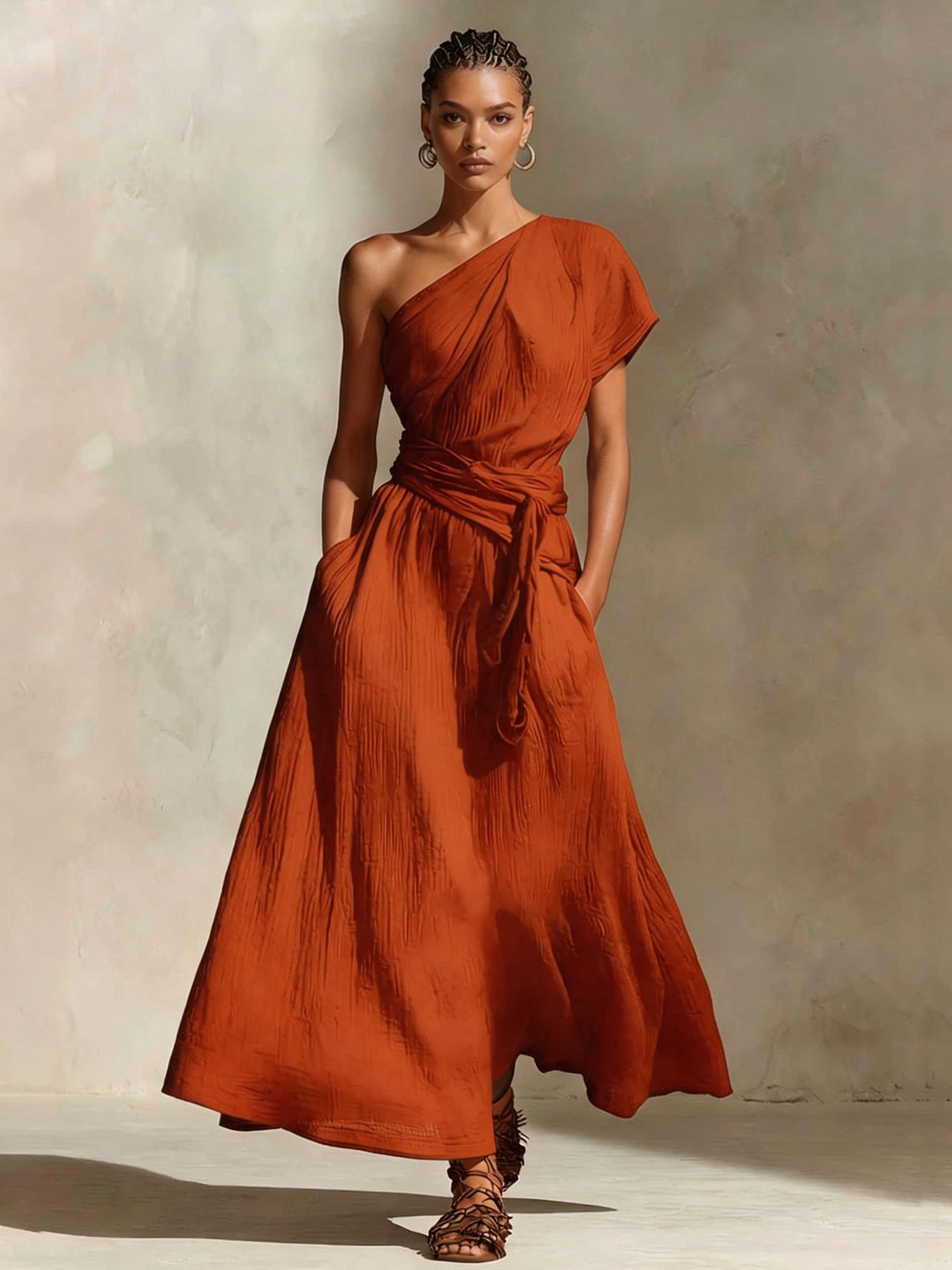 Womens Long One-Shoulder Dress With Neckline And Waist Tie