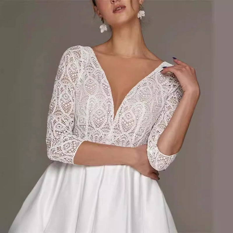 Deep V-Neck Lace Long-Sleeve Wedding Dress