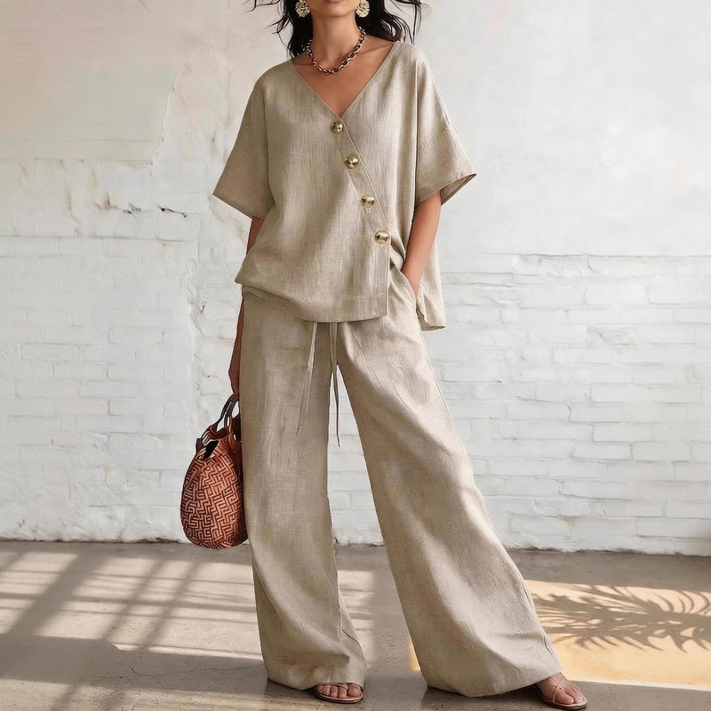 V-Neck Wide-Leg Linen Two-Piece Set
