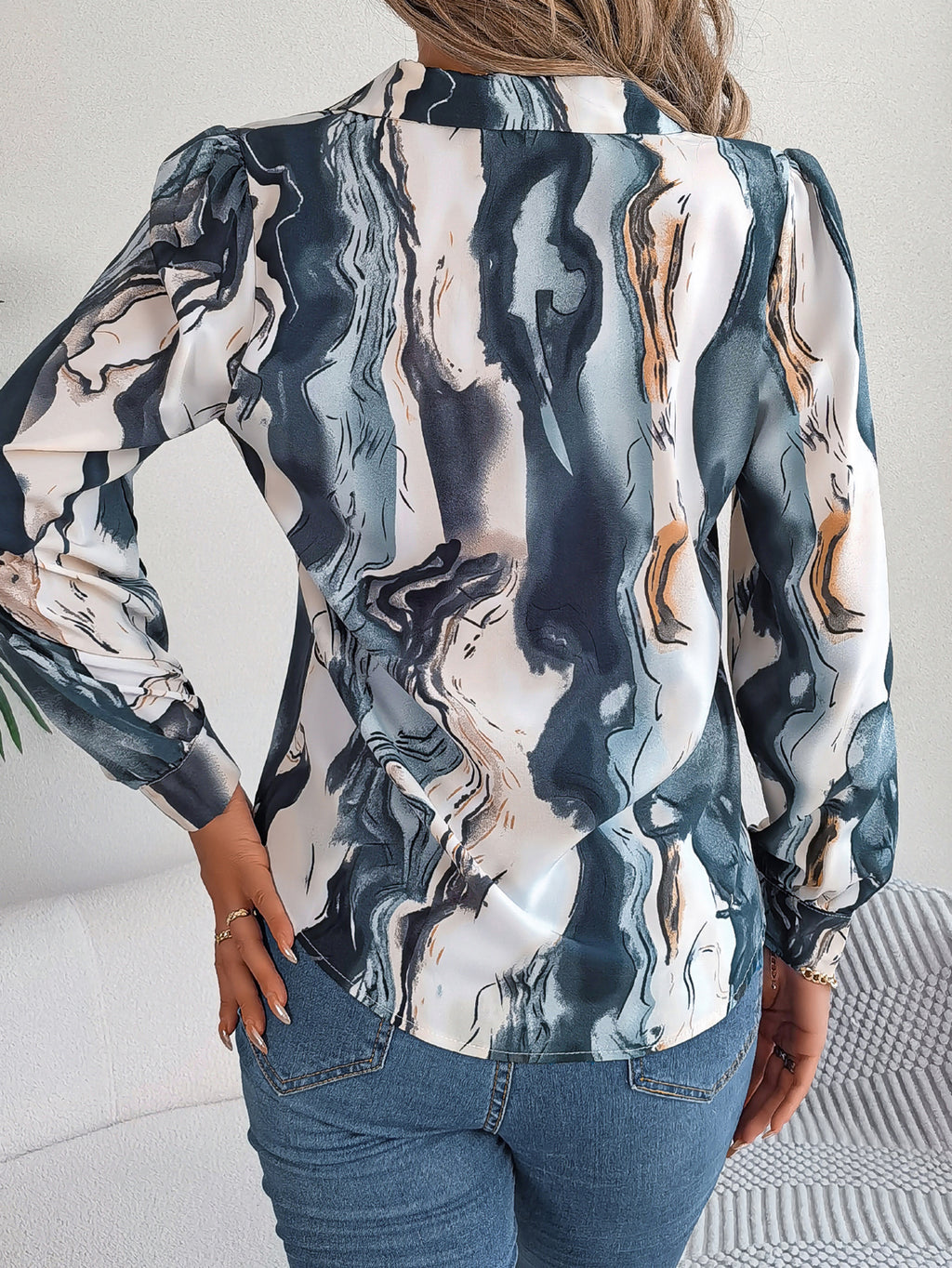 Women's Casual Color Block Stripe Notched Lapel Long Sleeve Shirt