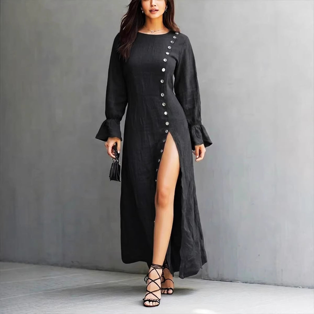 Womens Long-Sleeve Casual Cotton-Linen Slit Dress With Buttons