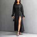 Womens Long-Sleeve Casual Cotton-Linen Slit Dress With Buttons