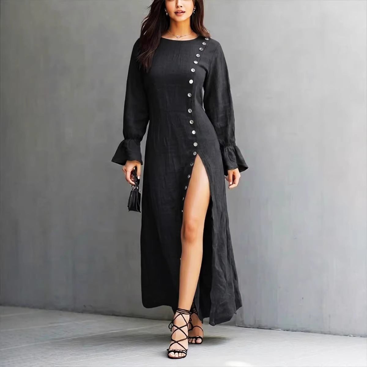 Womens Long-Sleeve Casual Cotton-Linen Slit Dress With Buttons
