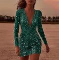 Deep V long sleeve sequin dress