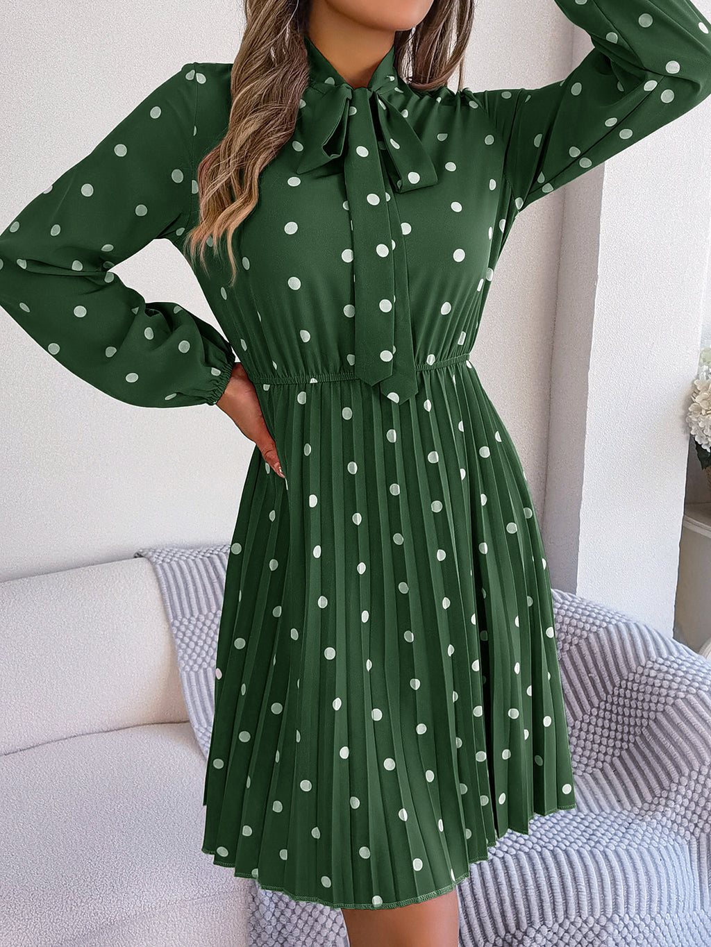 Women's Polka Dot Tie-Waist Long Sleeve Pleated Maxi Dress