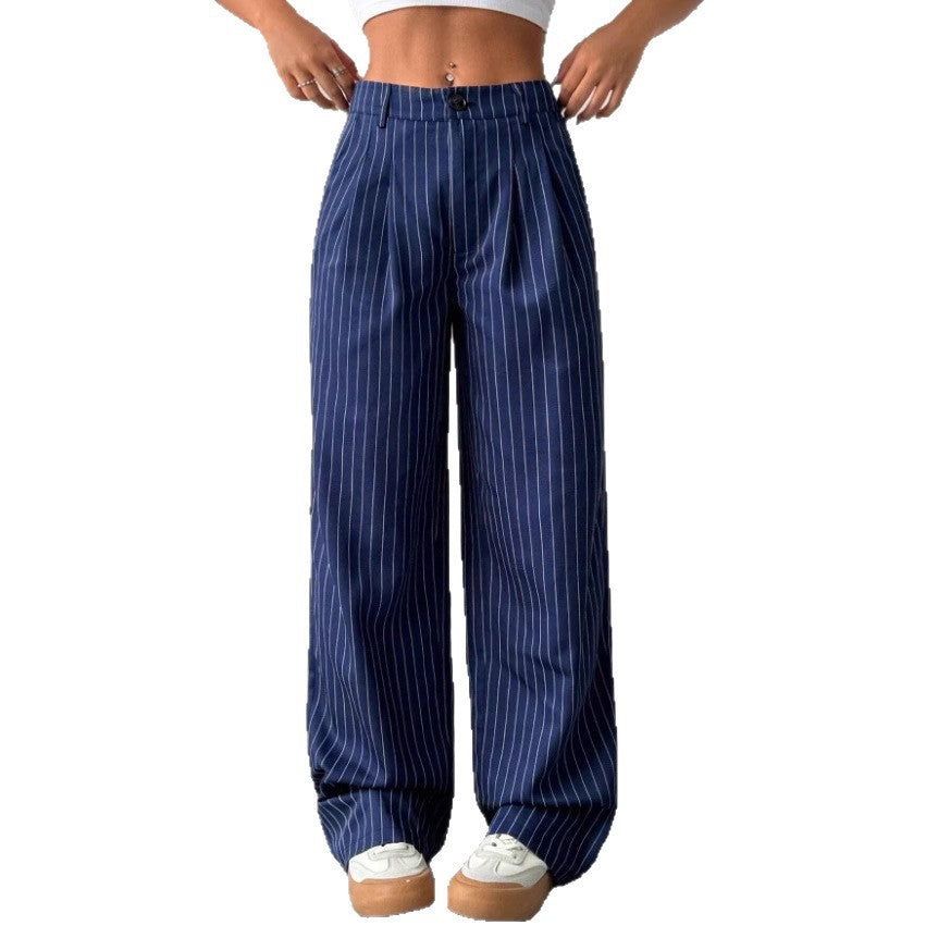 Blue Striped Loose-fit Wide-leg Casual Pants