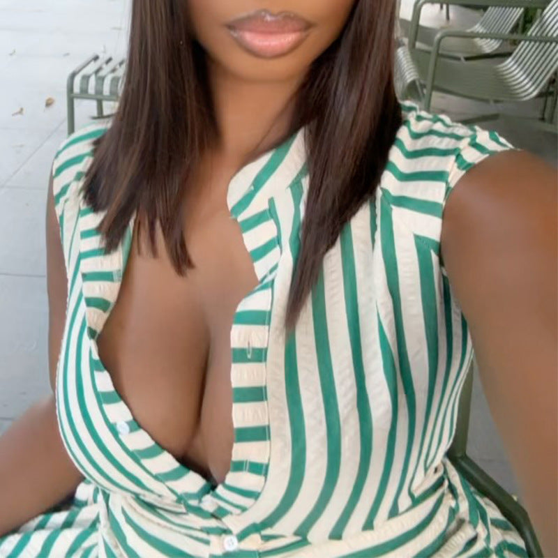 Striped Stand-up Collar Sleeveless Single-breasted Shirt Dress Short Skirt