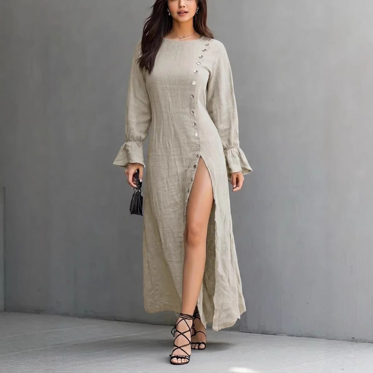 Womens Long-Sleeve Casual Cotton-Linen Slit Dress With Buttons