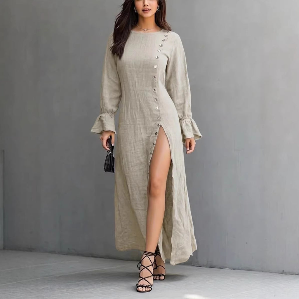 Womens Long-Sleeve Casual Cotton-Linen Slit Dress With Buttons