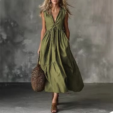 Solid-color Sleeveless V-neck Dress