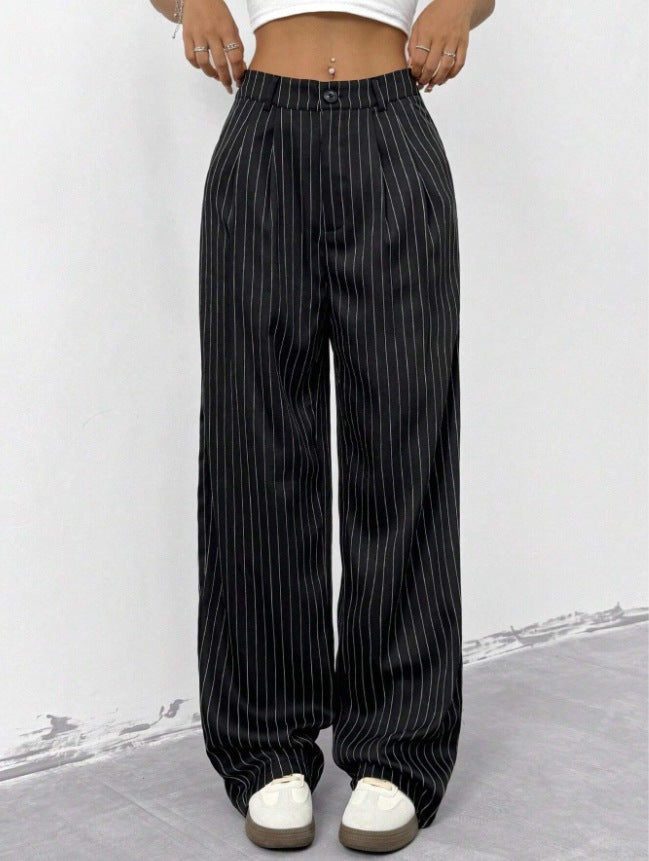 Blue Striped Loose-fit Wide-leg Casual Pants