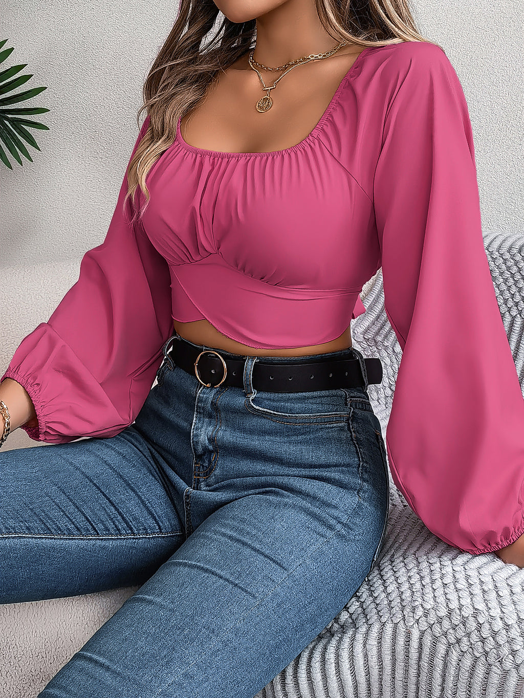Women's Casual Lantern Sleeve Tie Waist Chiffon Crop Top
