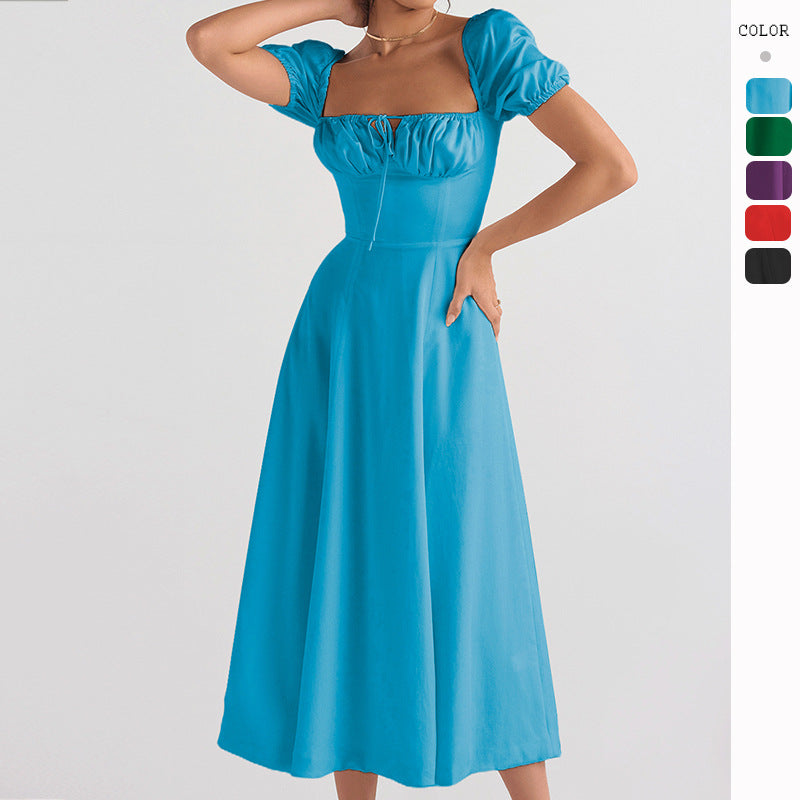 Womens Slimming Elegant Puff-Sleeve Lace-Up Short-Sleeve Dress
