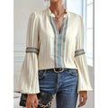 Womens Solid-Color Crochet-Trimmed Patchwork Loose Lantern-Sleeve Shirt