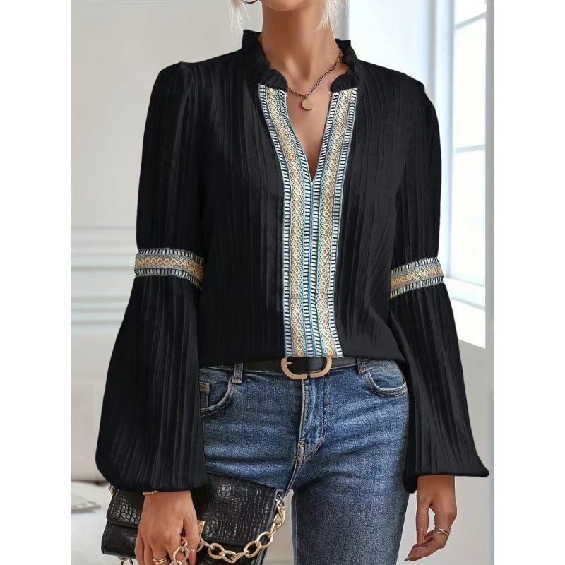 Womens Solid-Color Crochet-Trimmed Patchwork Loose Lantern-Sleeve Shirt