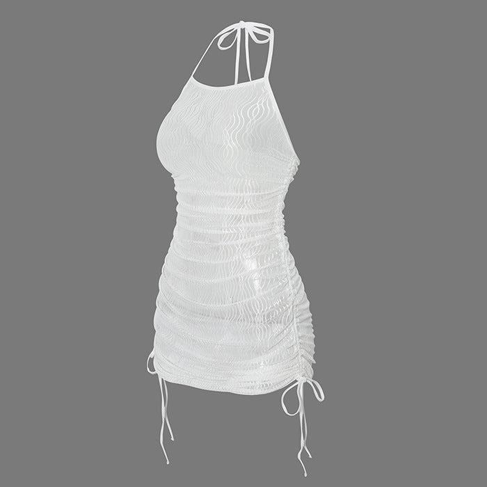 Womens Summer Beach Sundress In Solid Color With Spaghetti Straps And Mesh Fabric