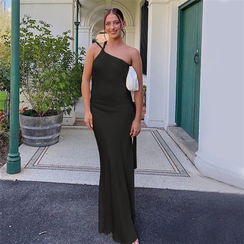 Sleeveless Diagonal Collar Hollow Backless High Waist Slim-fit Jumpsuit Long Dress