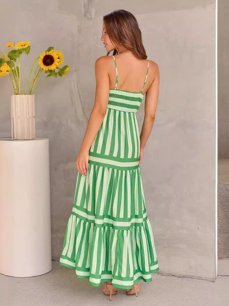 Striped Square Neck Maxi Dress with Pockets